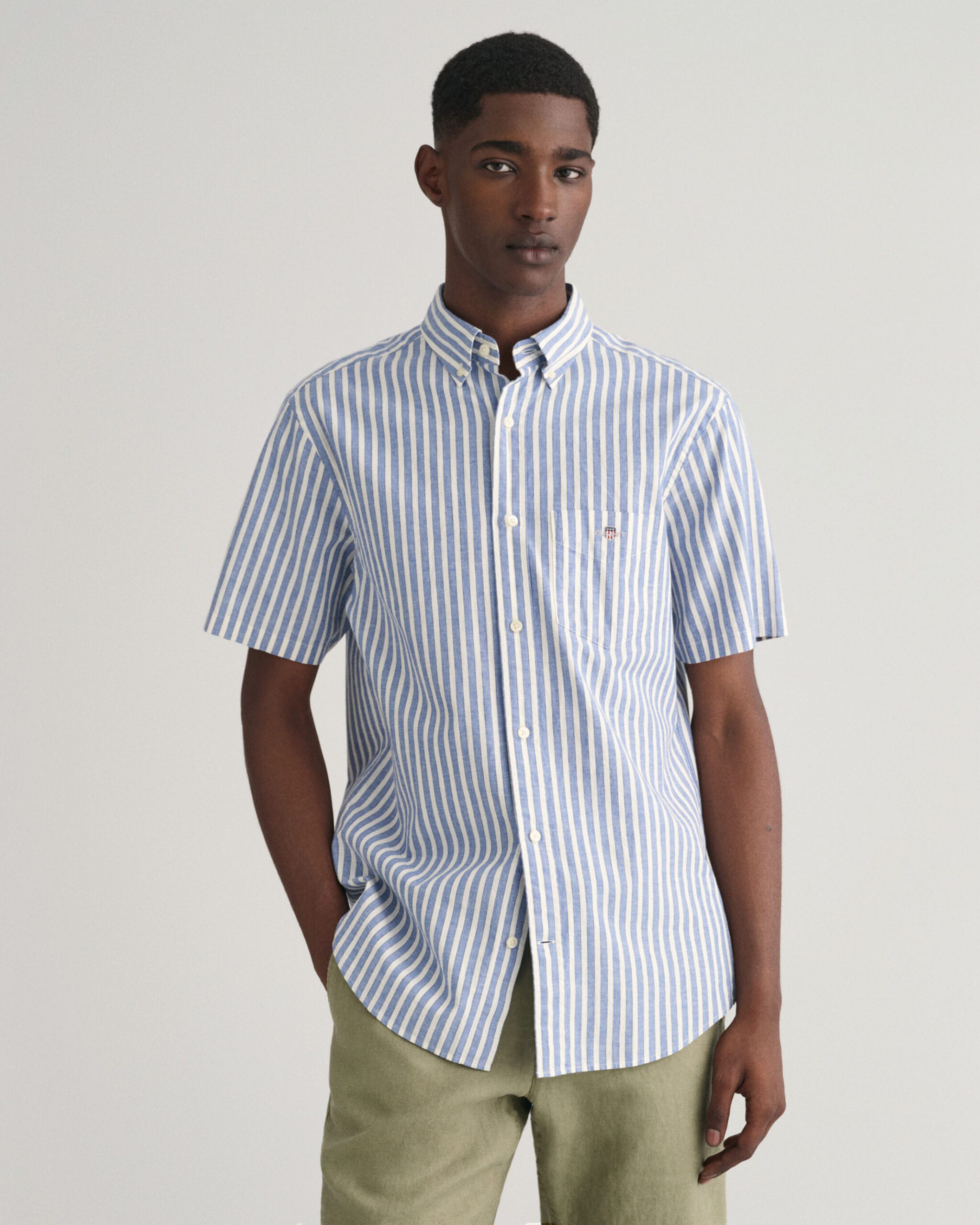 GANT Regular fit striped cotton linen short sleeve shirt